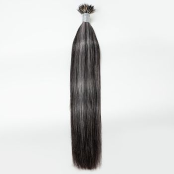 Silky Straight Nano Ring Hair Extensions #1B/Grey Human Hair 100 Strands