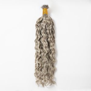 Loose Curly Nano Ring Hair Extensions Grey Human Hair 100 Strands