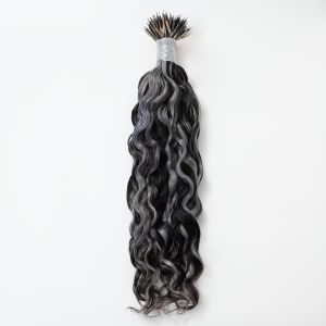 Loose Curly Nano Ring Hair Extensions #1B/Grey Human Hair 100 Strands