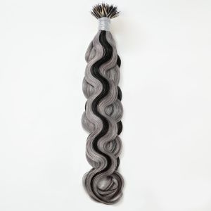 Water Wave Nano Ring Hair Extensions #1B/Grey Human Hair 100 Strands